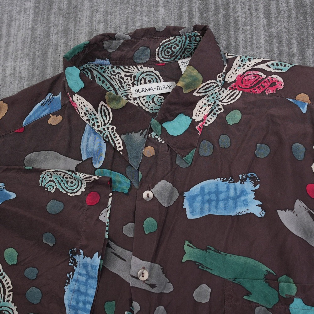 Burma Bibas Mens Large Silk Abstract Paisley Print Short Sleeve Button Up Shirt